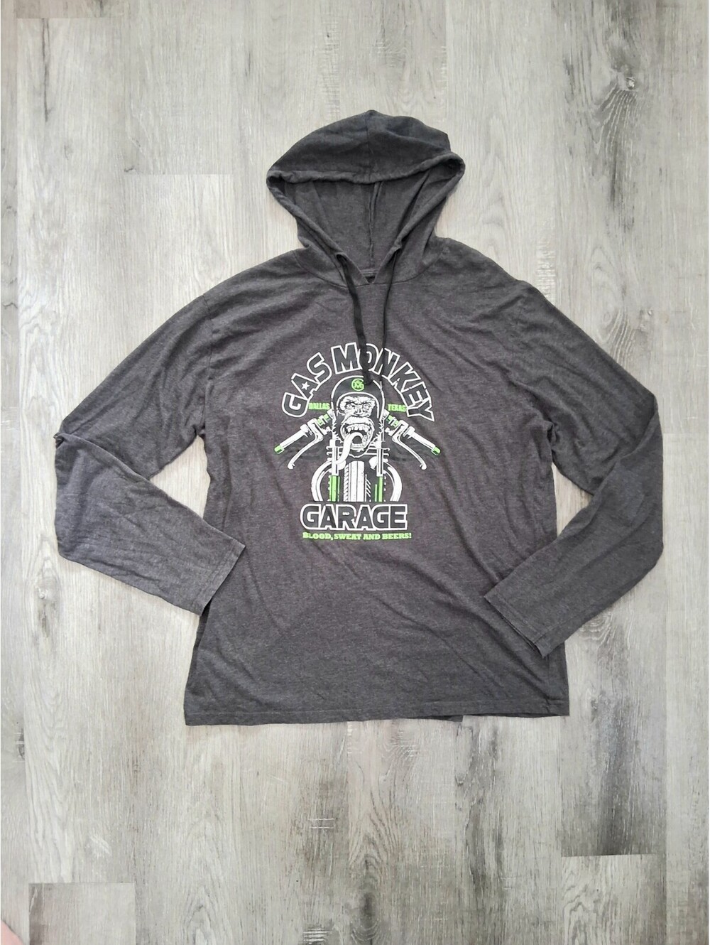 Gas Monkey Garage Men's Lg Gray Long Sleeve Hooded T-Shirt Hoodie w/Graphic